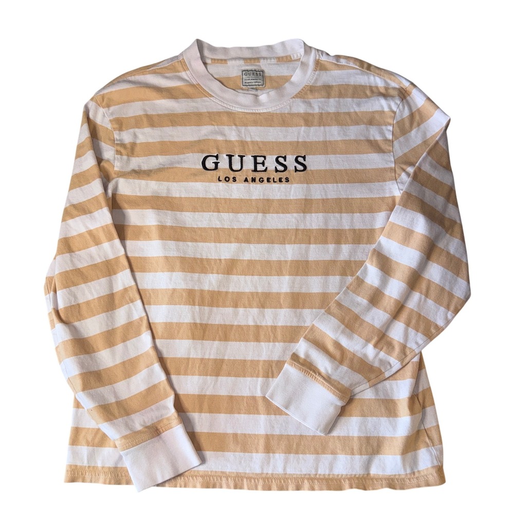 Guess St James VTG Long Sleeve Shirt Medium‎ Tan White Striped Embroidered Logo